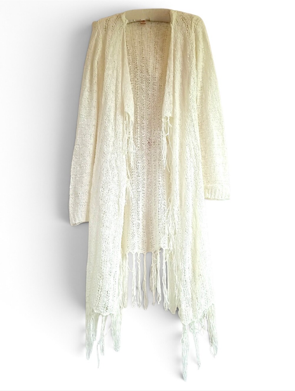 NoBo Cream Open-Front Fringe Knit Cardigan Hooded Long Duster Boho Comfy Soft MD